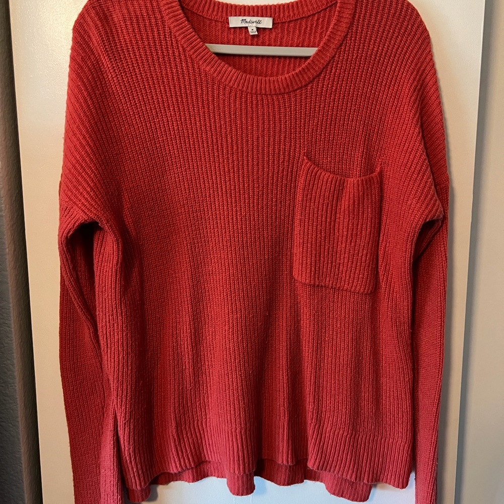 Madewell Brick Red Ribbed Crewneck Sweater with Pocket
